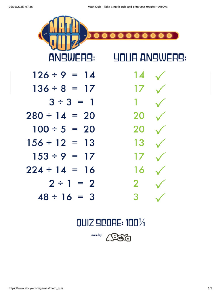 Math Quiz - Take A Math Quiz and Print Your Results! - ABCya! | PDF