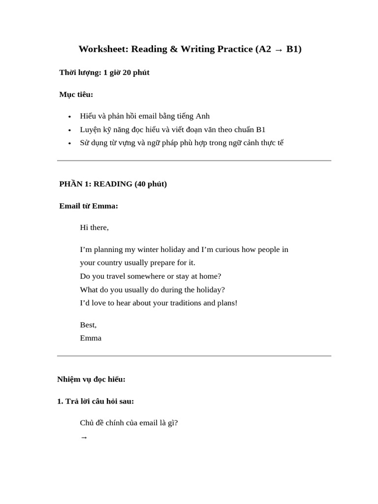Worksheet: Reading & Writing Practice (A2 B1) : TH I Lư NG: 1 Gi 20 ...