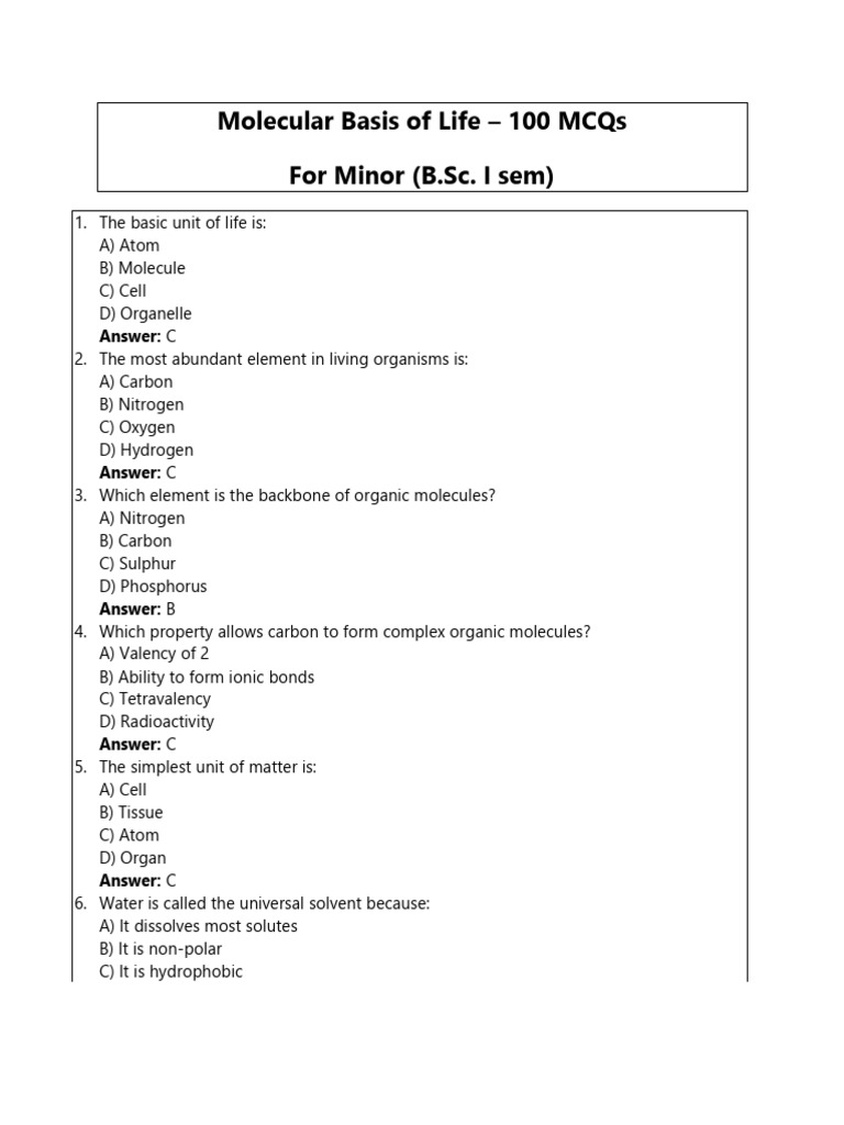 Molecular Biology MCQs for B.Sc. Students | PDF | Proteins | Dna
