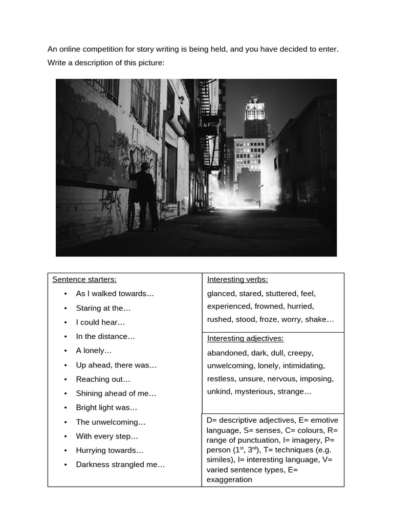 Paper 1 Q5 Black and White Alleyway Image With Sentence Starters | PDF