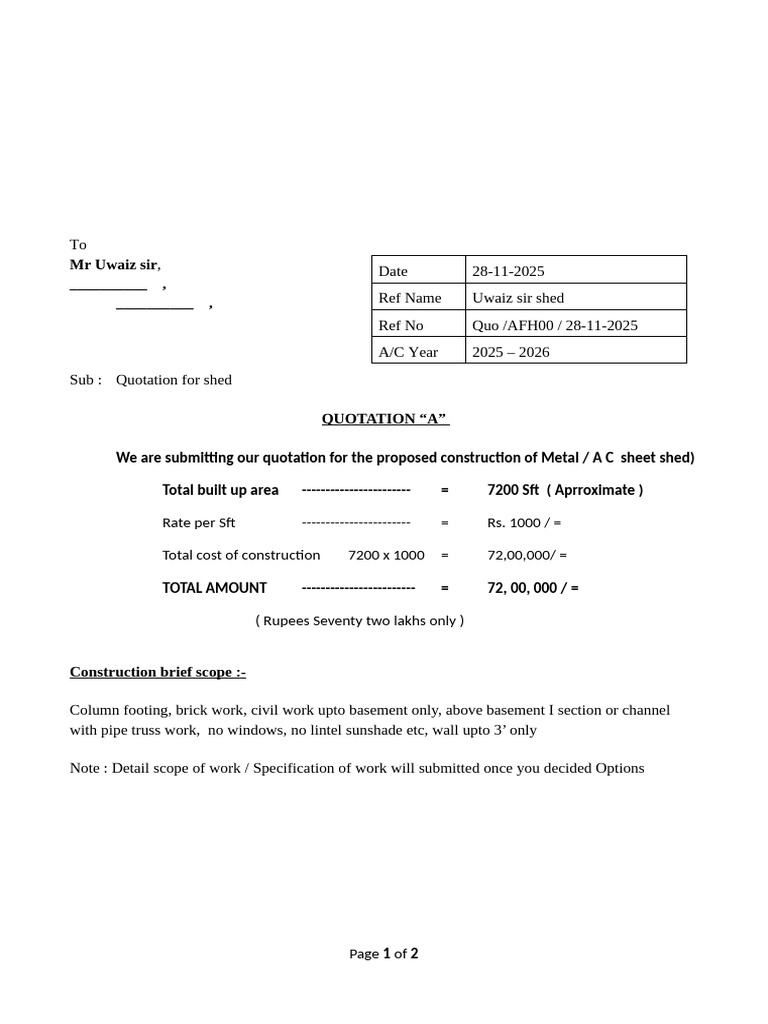 Metal Shed Construction Quotation 2025 | PDF | Basement | Real Estate