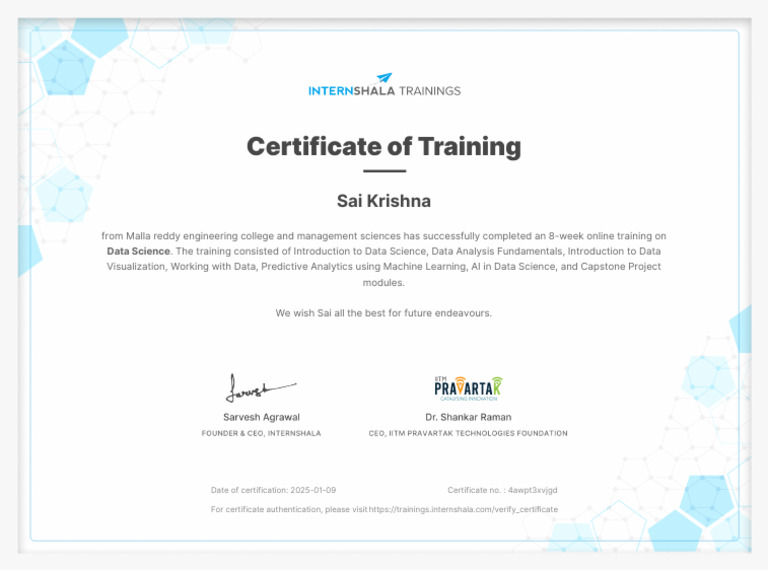 Sai Krishna's Data Science Training Completion | PDF