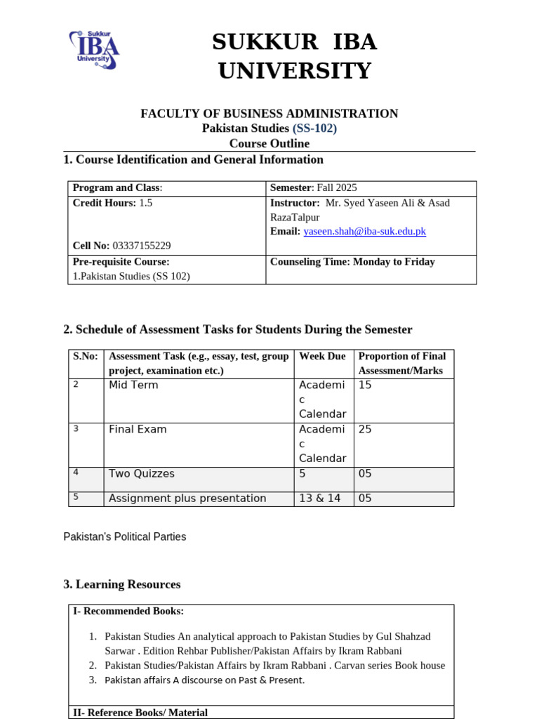 Pakistan Studies Course Outline 2025 | PDF | Academic Term | Liberal ...