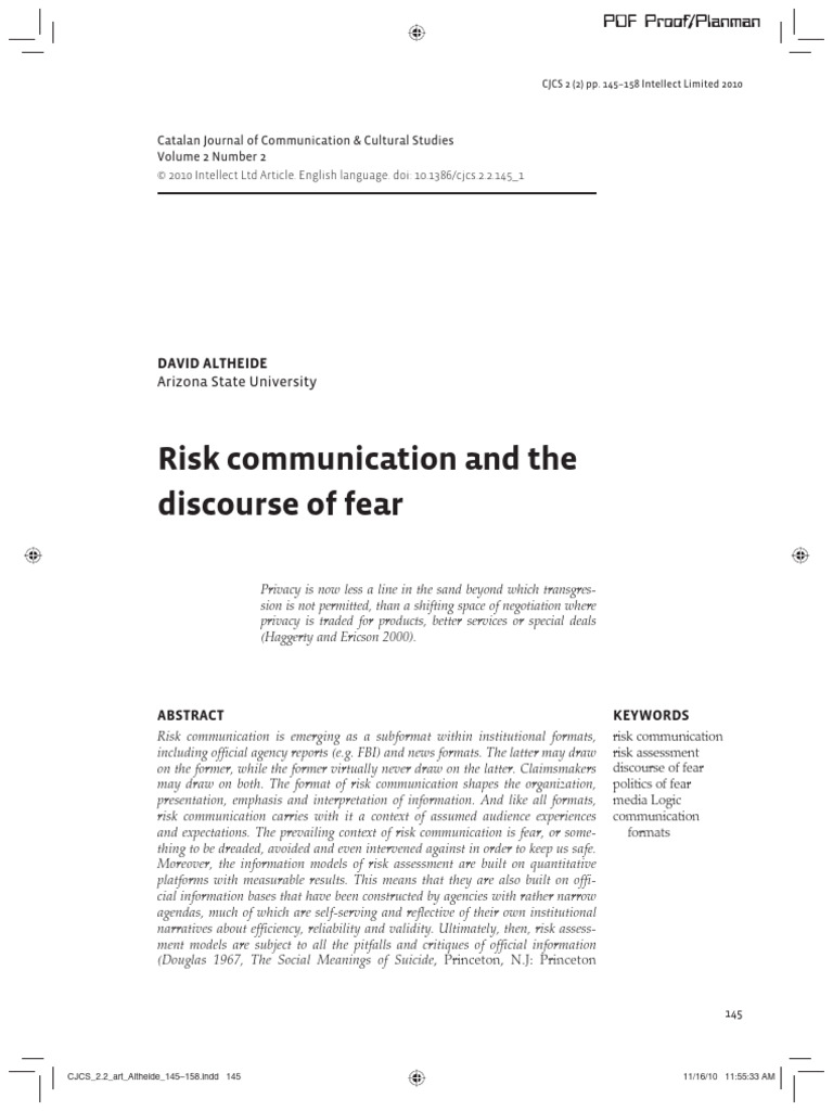 Risk Communication and The Discourse of Fear: David Altheide | PDF ...