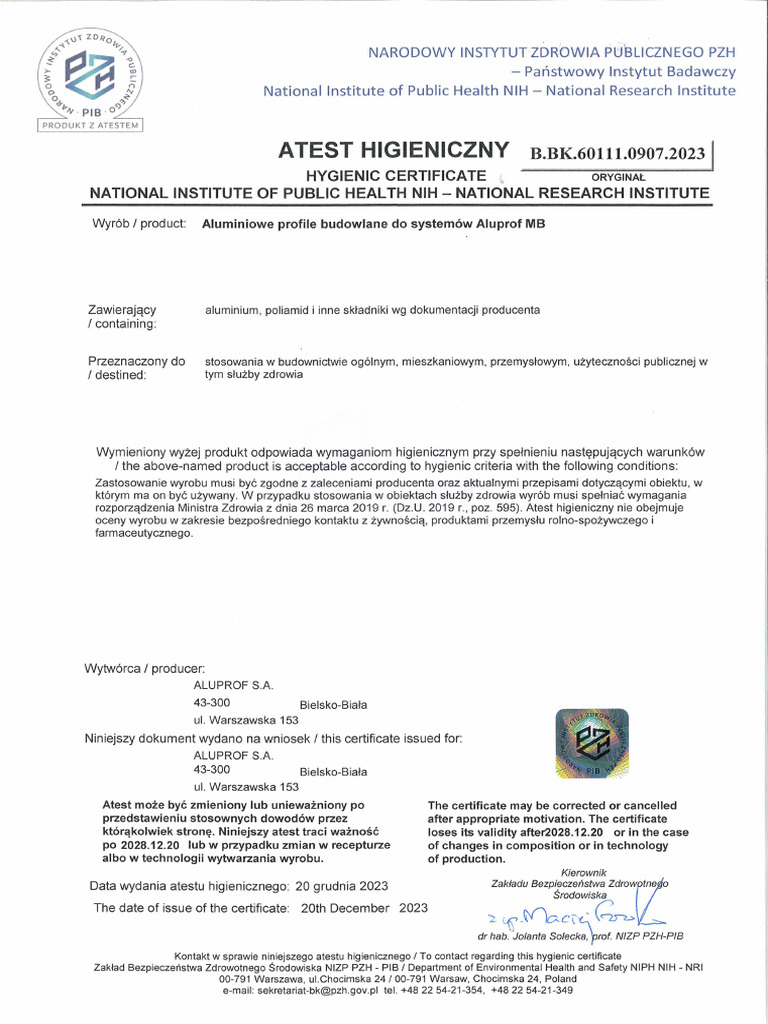 ALU Atest Higieniczny | PDF