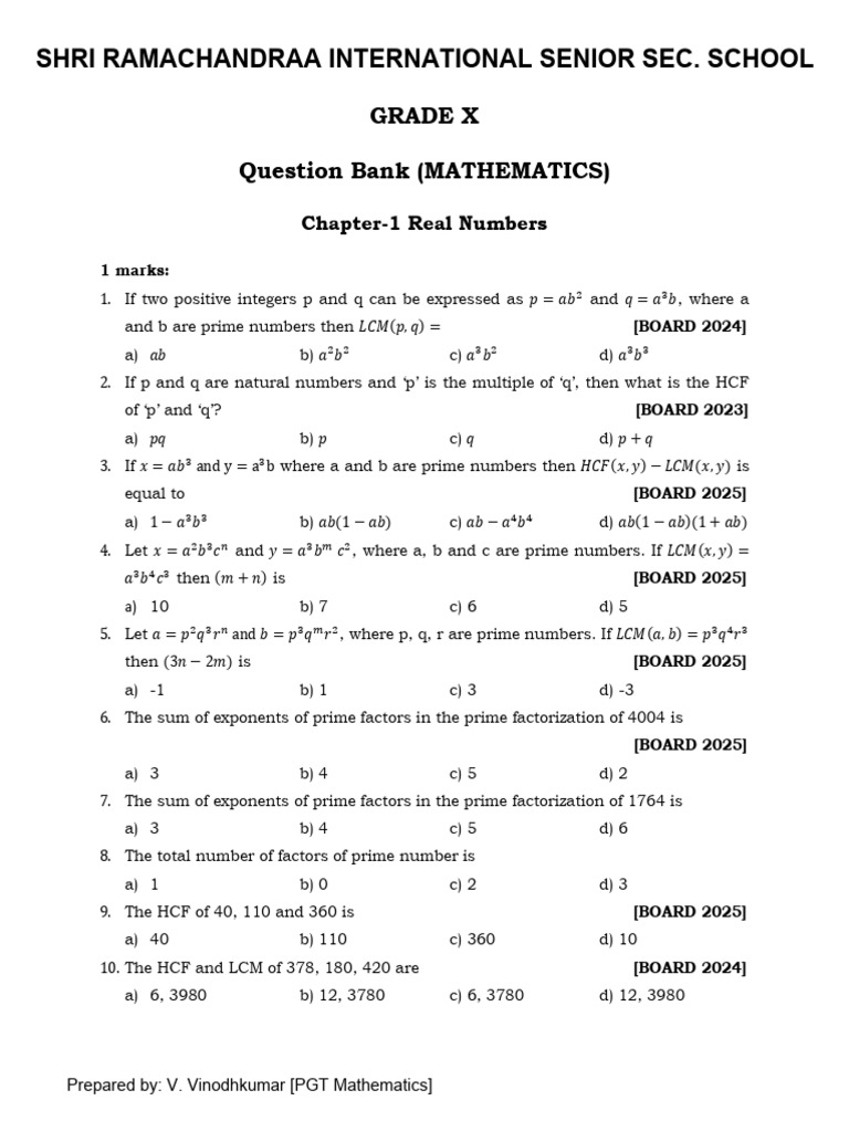 Grade X Mathematics Question Bank | PDF | Zero Of A Function | Numbers