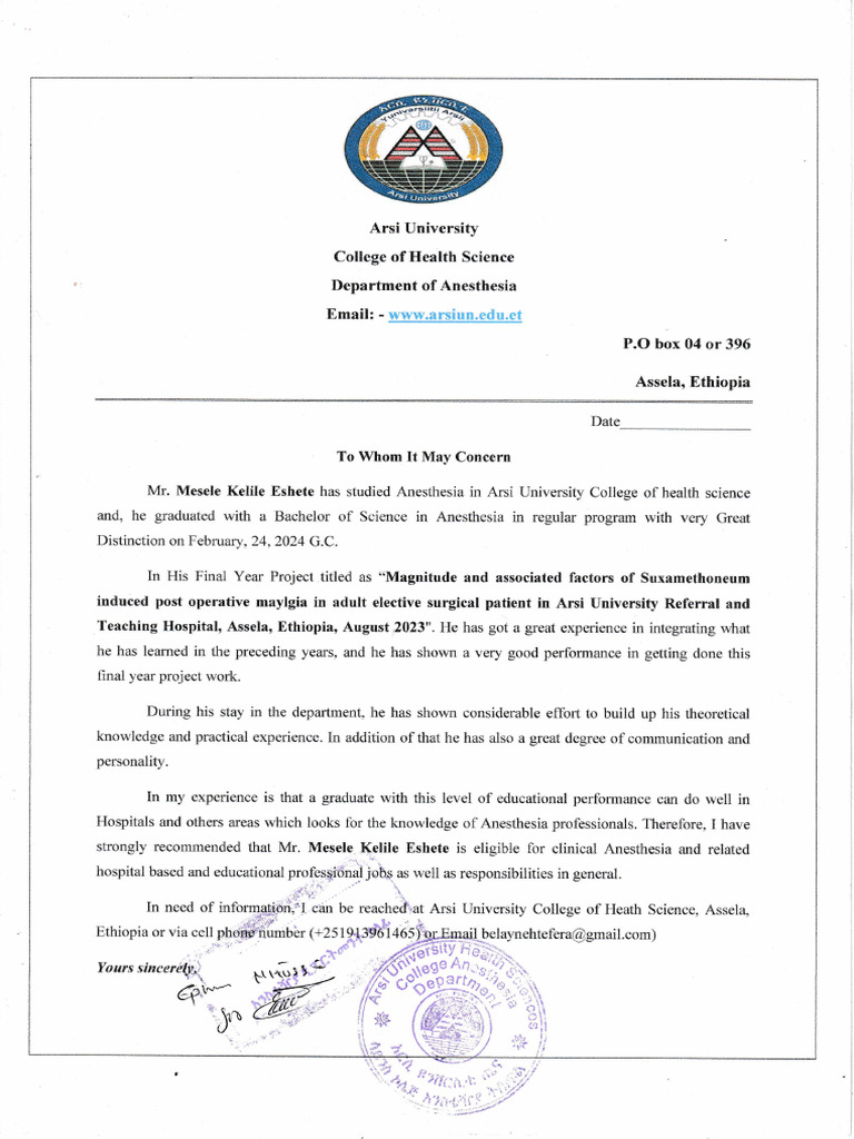 Mr. Mesele Eshete's Anesthesia Degree | PDF | Clinical Medicine | Medicine