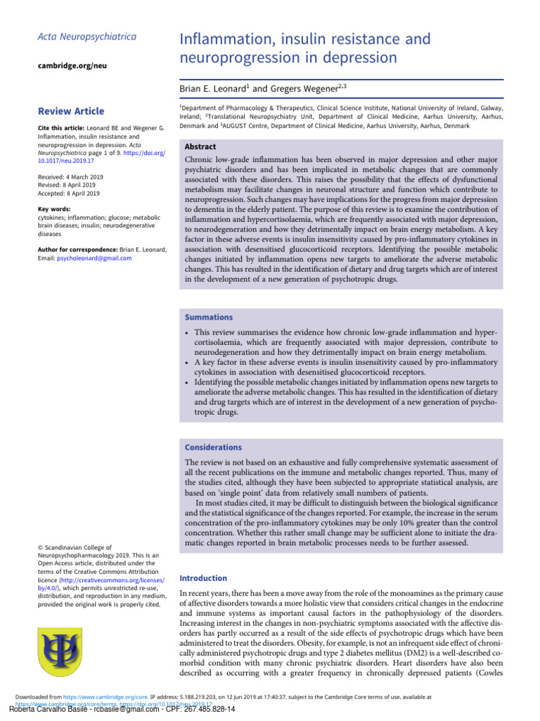 Inflammation and Insulin Resistance in Depression | PDF | Major ...