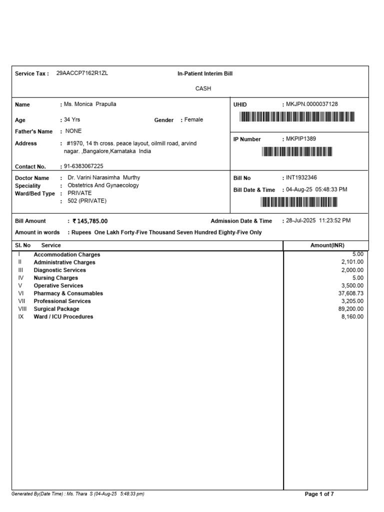 Interim Hospital Bill Summary | PDF | Health Care | Clinical Medicine