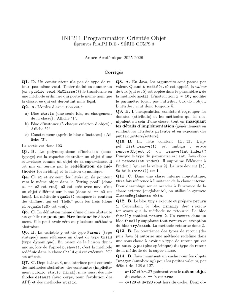 Corrigés QCM INF211 Programmation PO | PDF | Java (Langage de ...