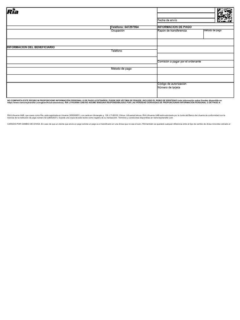 Recibo de Transferencia RIA: ES789459357 | PDF | Moneda | Economias