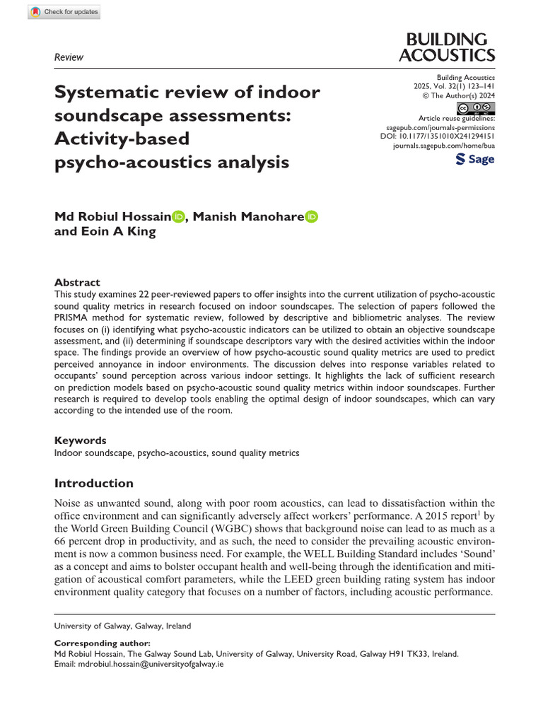Indoor Soundscape Psycho-Acoustics Review | PDF | Sound | Perception