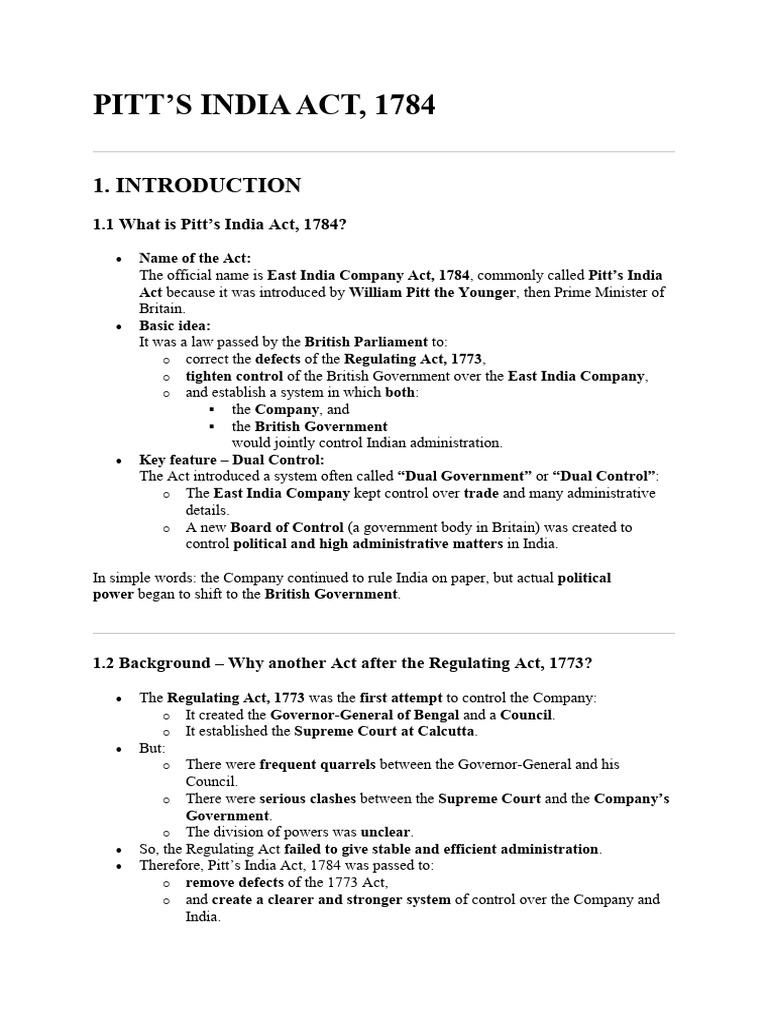 Pitt's India Act 1784: Dual Control Explained | PDF | Government | Justice