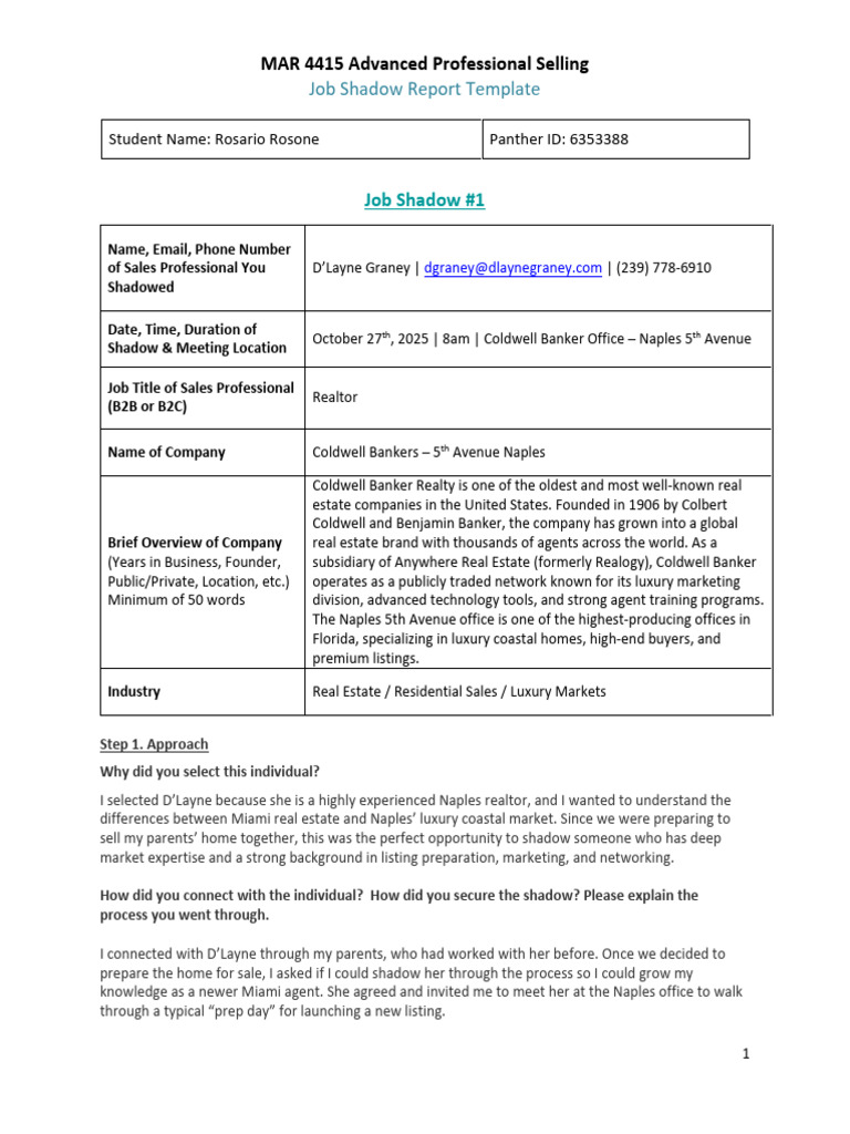 Job Shadow Report: Naples Realtor Insights | PDF | Marketing | Business