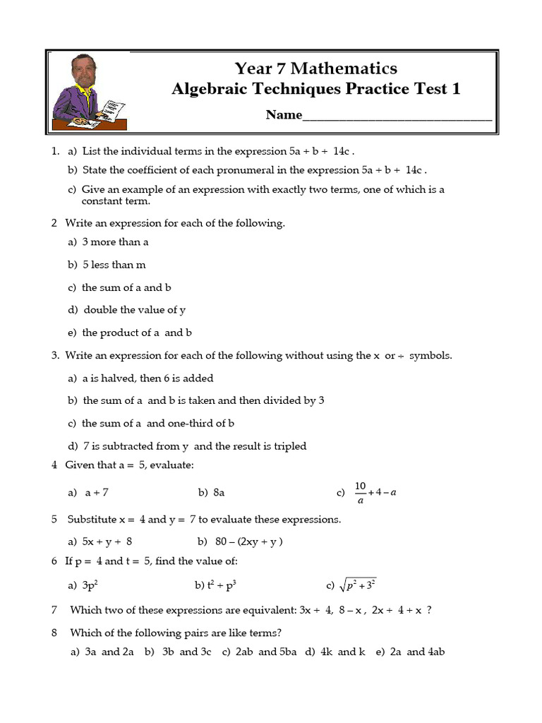 Year 7 Algebra Techniques Test | PDF | Mathematics | Algebra