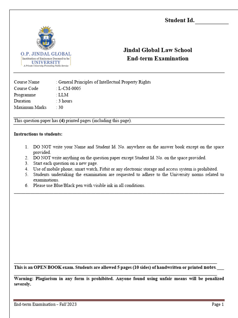 Fall 2023 IP Rights Exam Paper | PDF | Patent | Generic Drug
