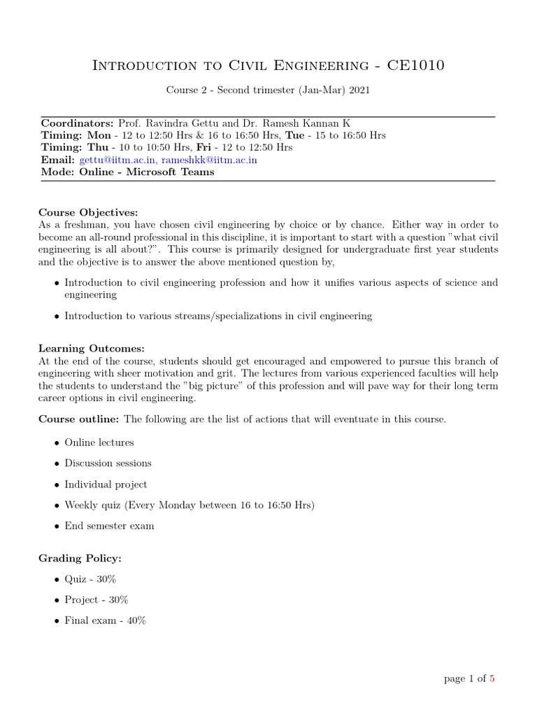 Introduction to Civil Engineering CE1010 | PDF | Engineering
