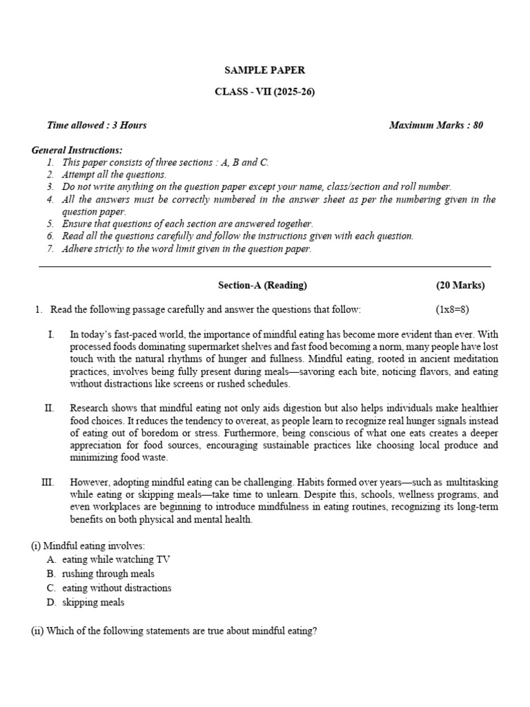 Class VII Sample Paper 2025-26 | PDF | Paper | Pulp (Paper)