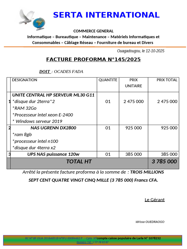 Facture Proforma Informatique Ouagadougou | PDF