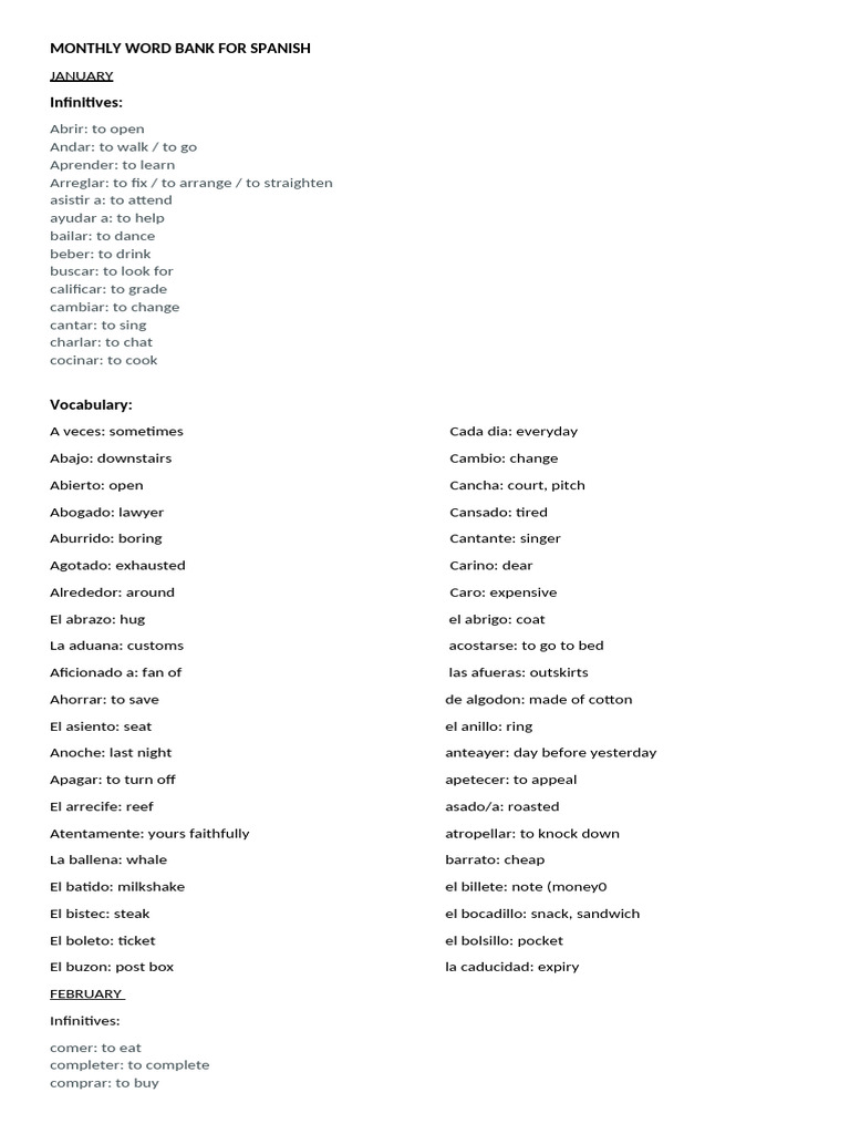 Monthly Spanish Vocabulary Guide | PDF