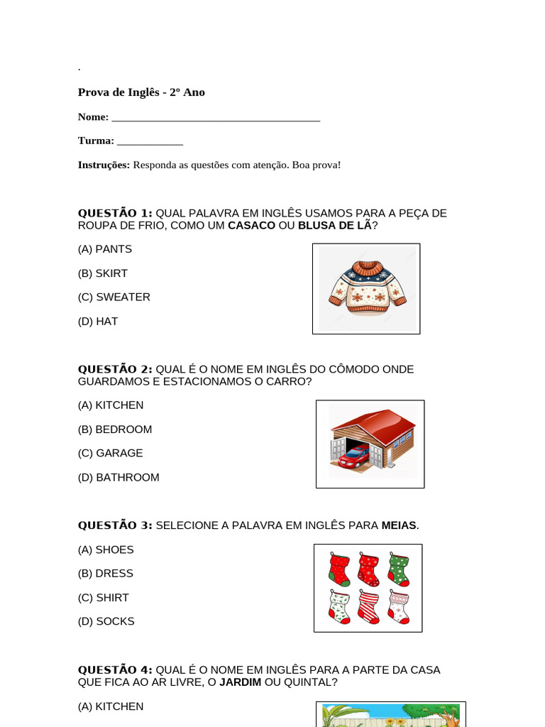 Prova de Inglês para 2º Ano | PDF
