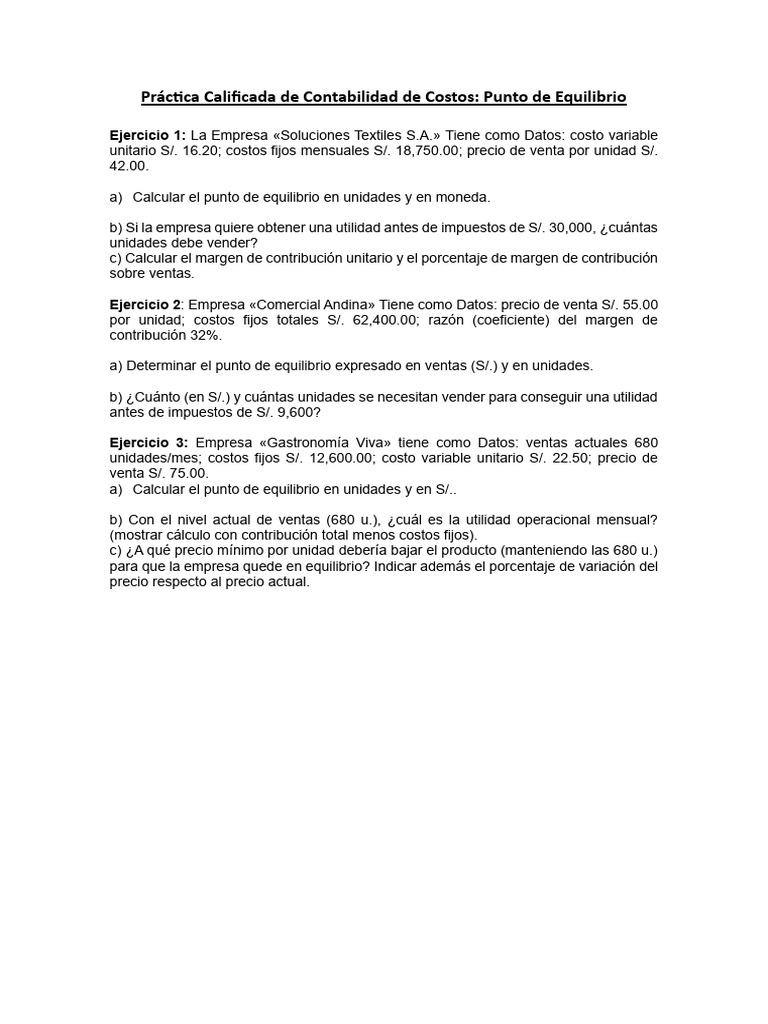 Práctica Calificada de Contabilidad de Costos Punto Equilibrio | PDF