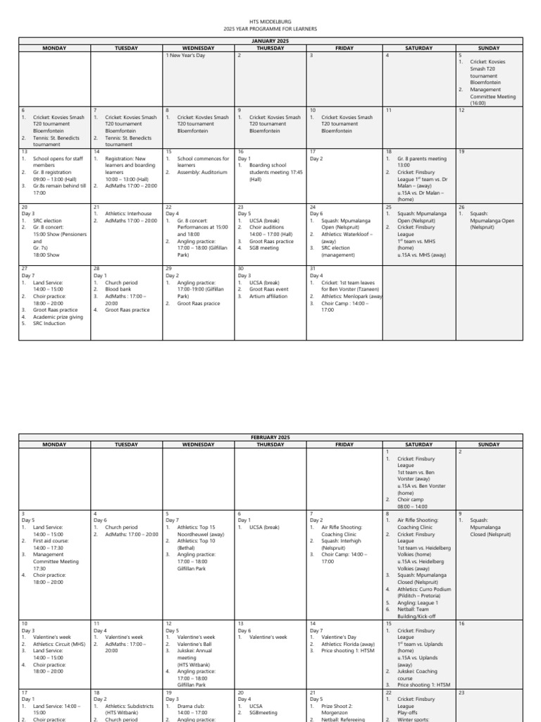 HTS Middelburg 2025 Learner Program | PDF | Sports | Athletic Sports
