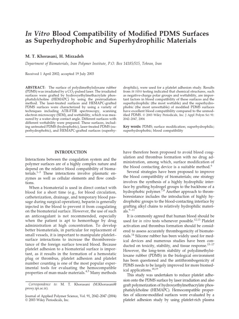 Blood Compatibility of Modified PDMS Surfaces | PDF | Wetting ...