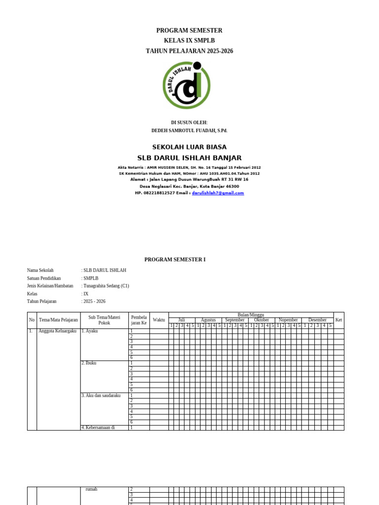 Program Semester Kelas IX SMPLB 2025-2026 | PDF
