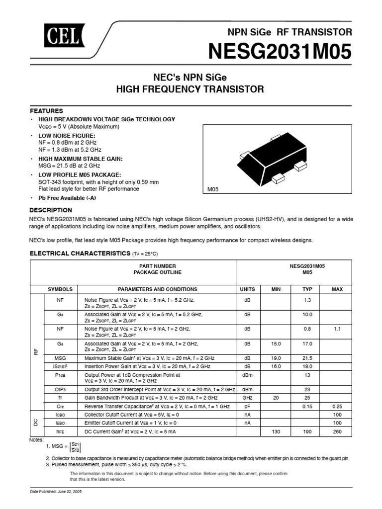 NEC NESG2031M05 SiGe RF Transistor | PDF | Bipolar Junction Transistor ...