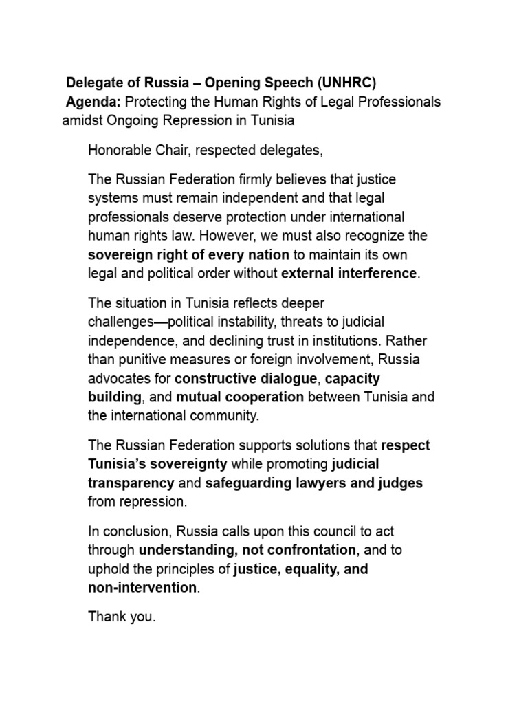 Delegate of Russia - Opening Speech (UNHRC) | PDF