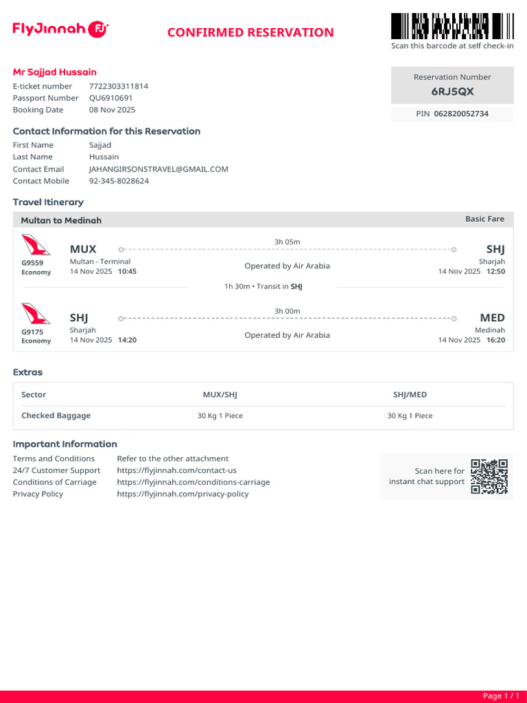 Multan to Medinah Flight Itinerary | PDF