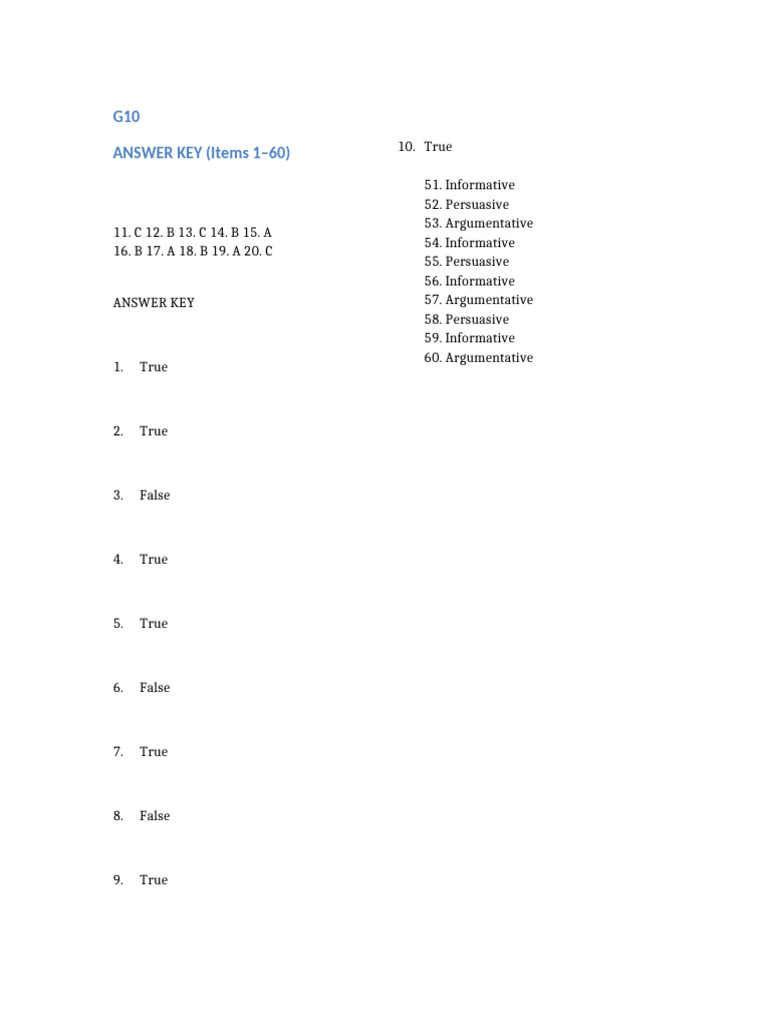 G10 Answer Key for Questions 1-60 | PDF