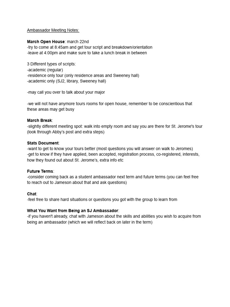 March Open House Ambassador Meeting Notes | PDF