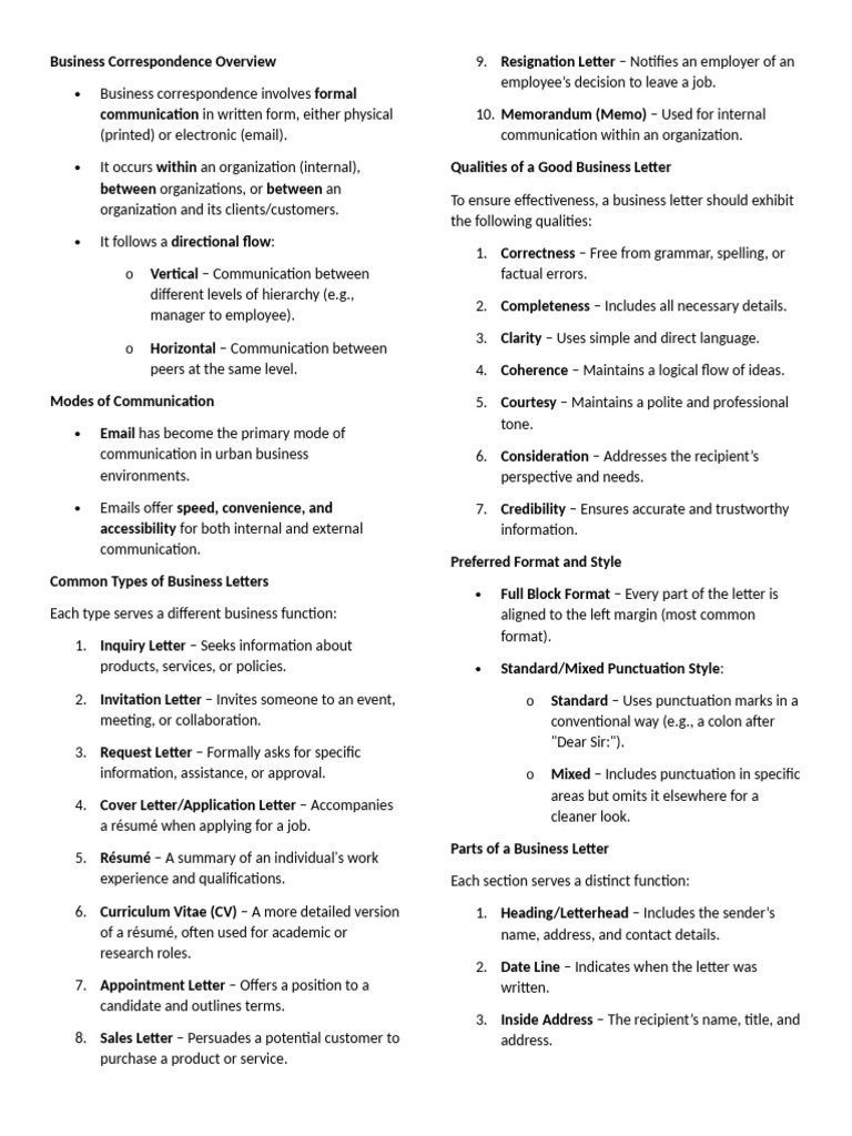 Business Correspondence Essentials Guide | PDF | Memorandum | Résumé