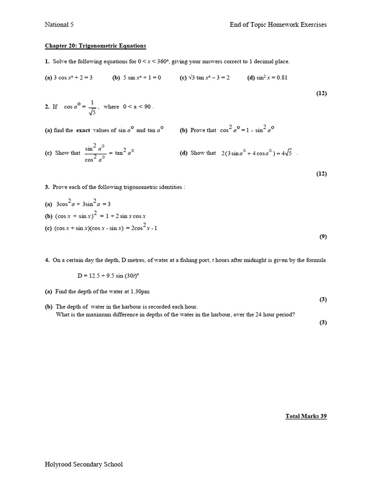 Trigonometric Equations Homework Exercises | PDF