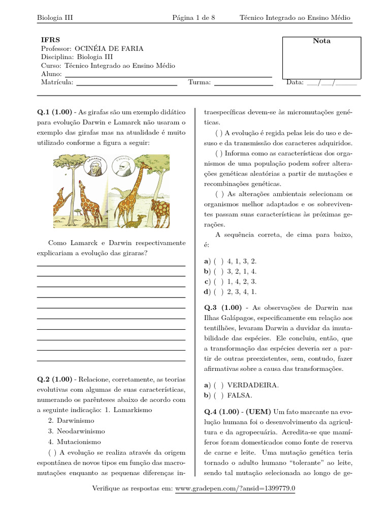 Teorias Evolutivas: Lamarck, Darwin e Neodarwinismo | PDF | Evolução ...