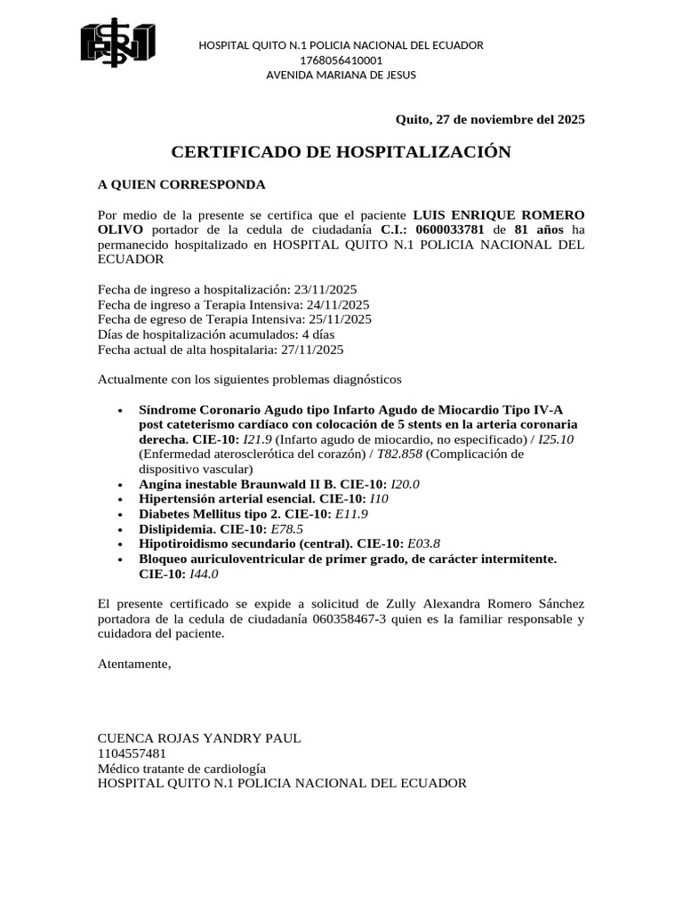 Certificado de Hospitalización | PDF | Infarto de miocardio | Sistema ...