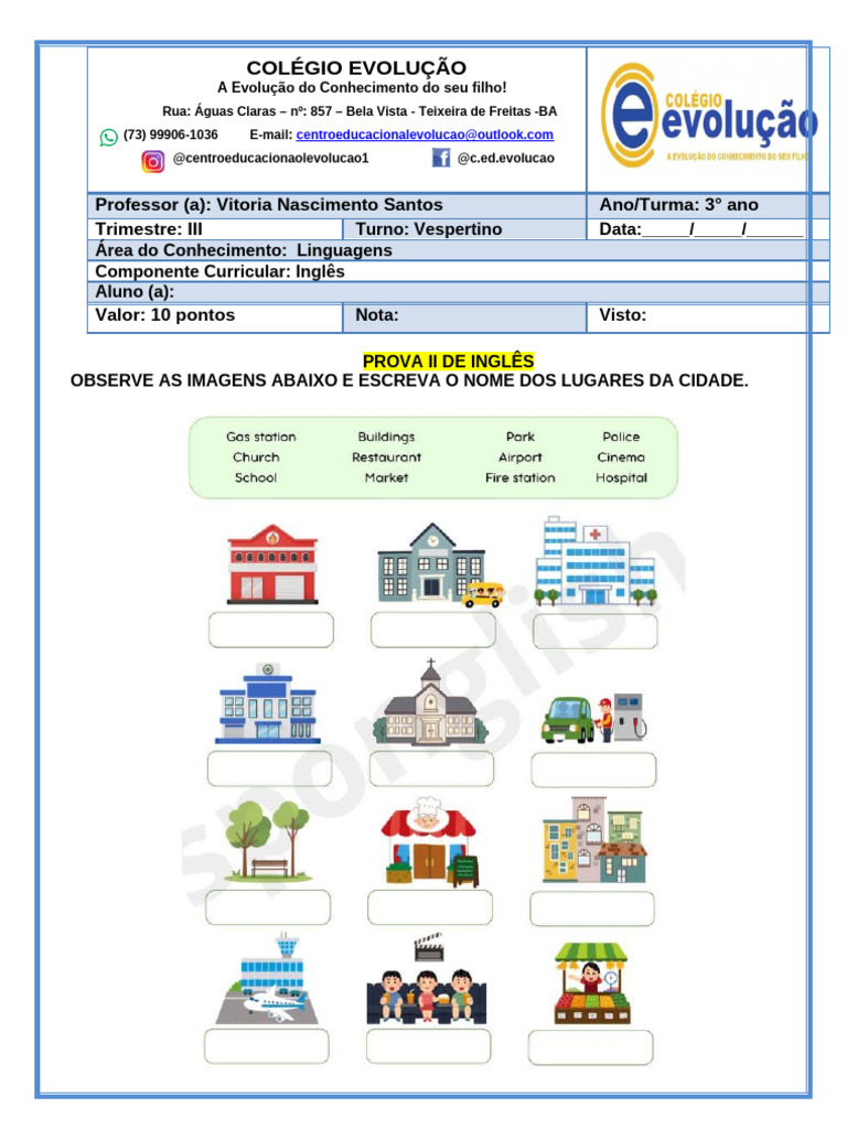 Prova de Inglês - 3º Ano do Colégio Evolução | PDF