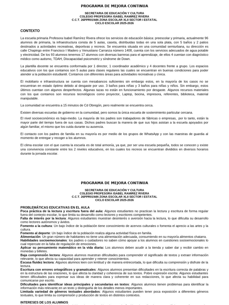 Programa de Mejora Continua Escolar 2025-2026 | PDF | Plan de estudios ...