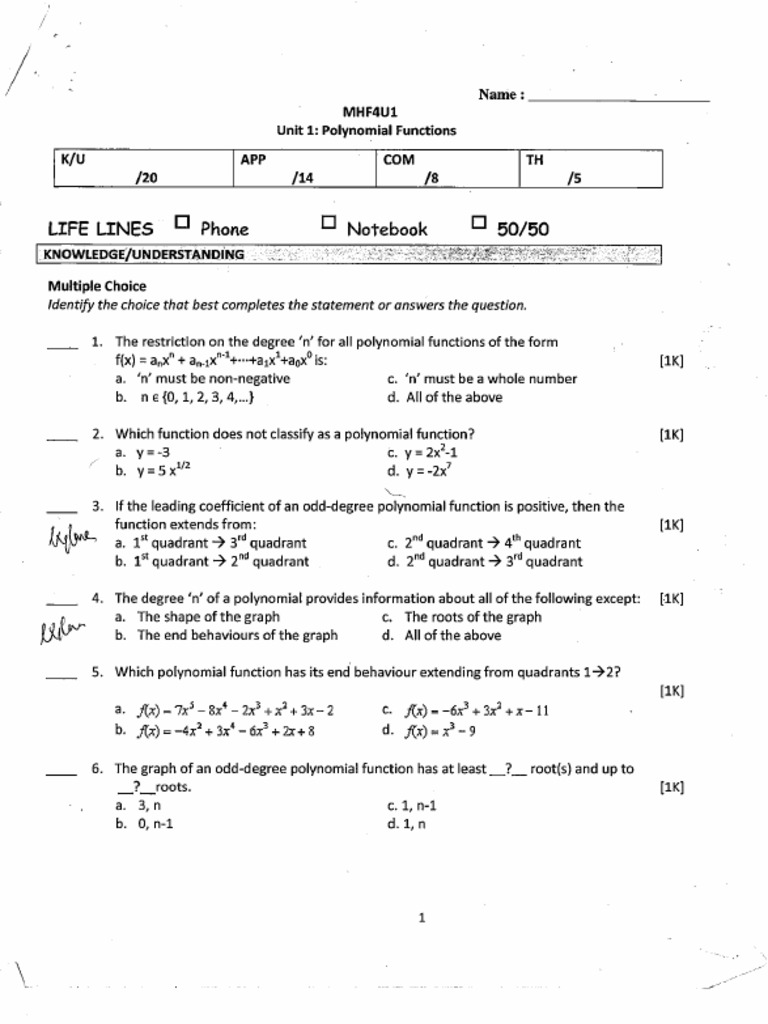Test 1 Polynomial Functions | PDF