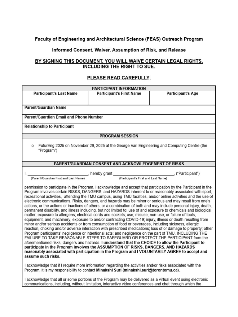 FEAS Outreach Program Consent Form | PDF | Legal Liability | Informed ...