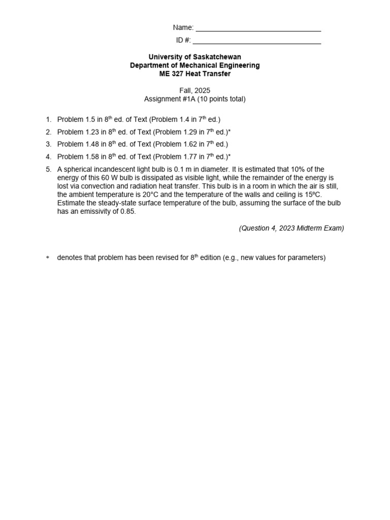 ME 327 Soln 1A 2025 | PDF | Heat Transfer | Physical Chemistry