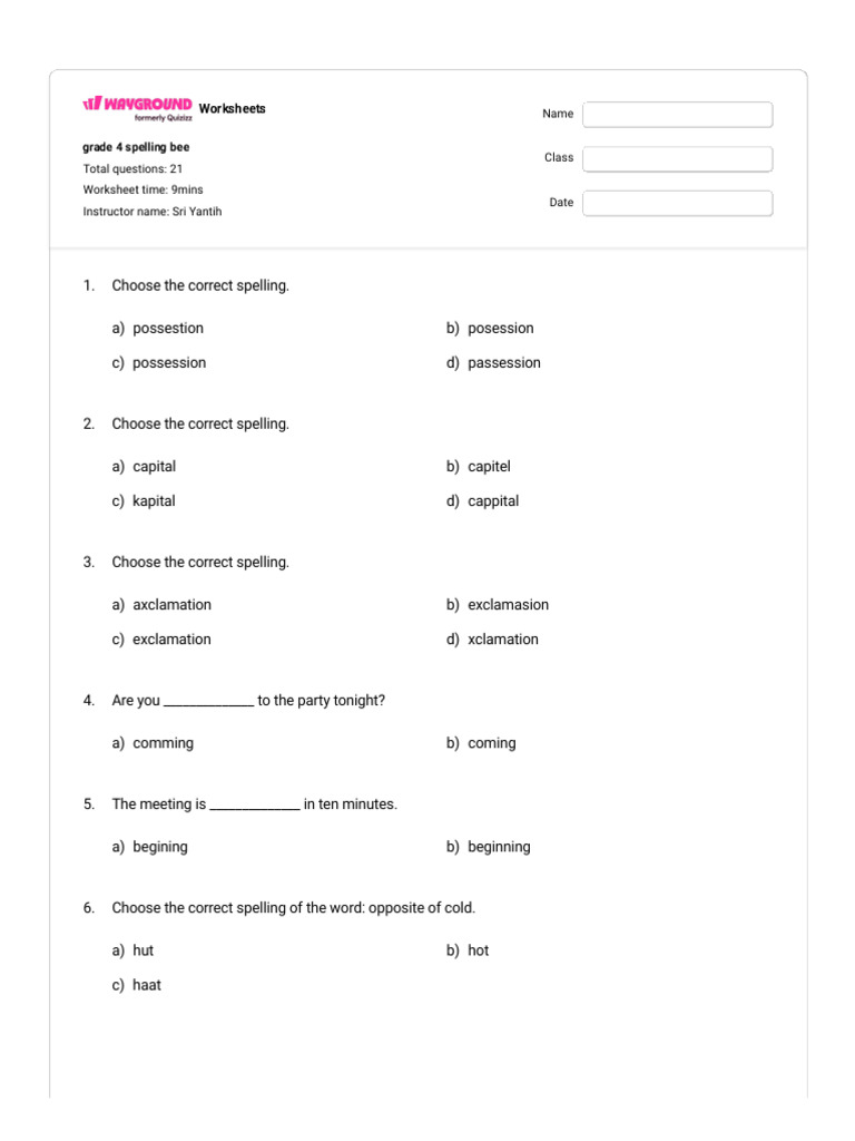 Grade 4 Spelling Bee Worksheet | PDF | Chess Openings | Chess