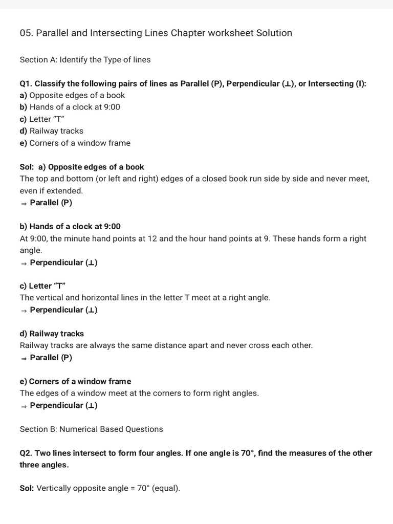Parallel and Intersecting Lines Chapter Worksheet Solution - Text Book ...