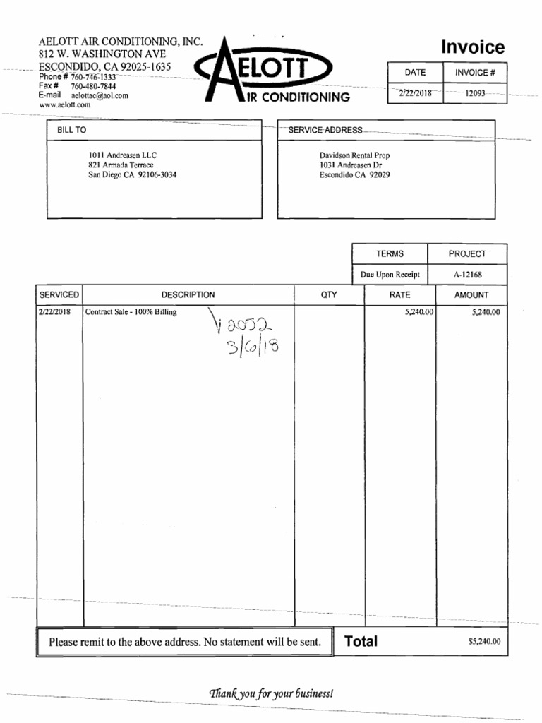 Aelott Air Conditioning Invoice 12093 | PDF