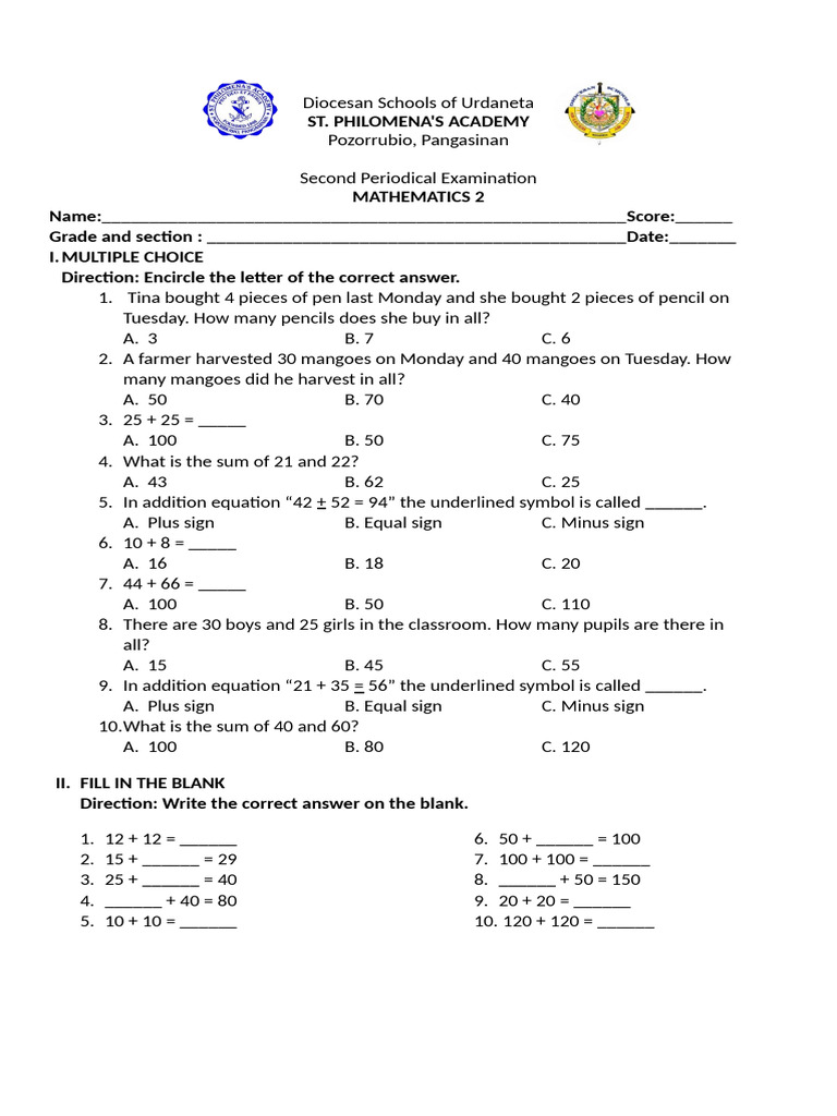 Math 2 Second Periodical Exam | PDF | Chess