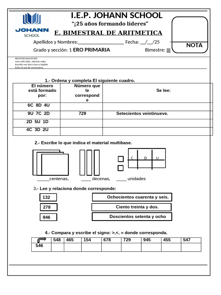 Ejercicios de Aritmética para 1° Primaria | PDF