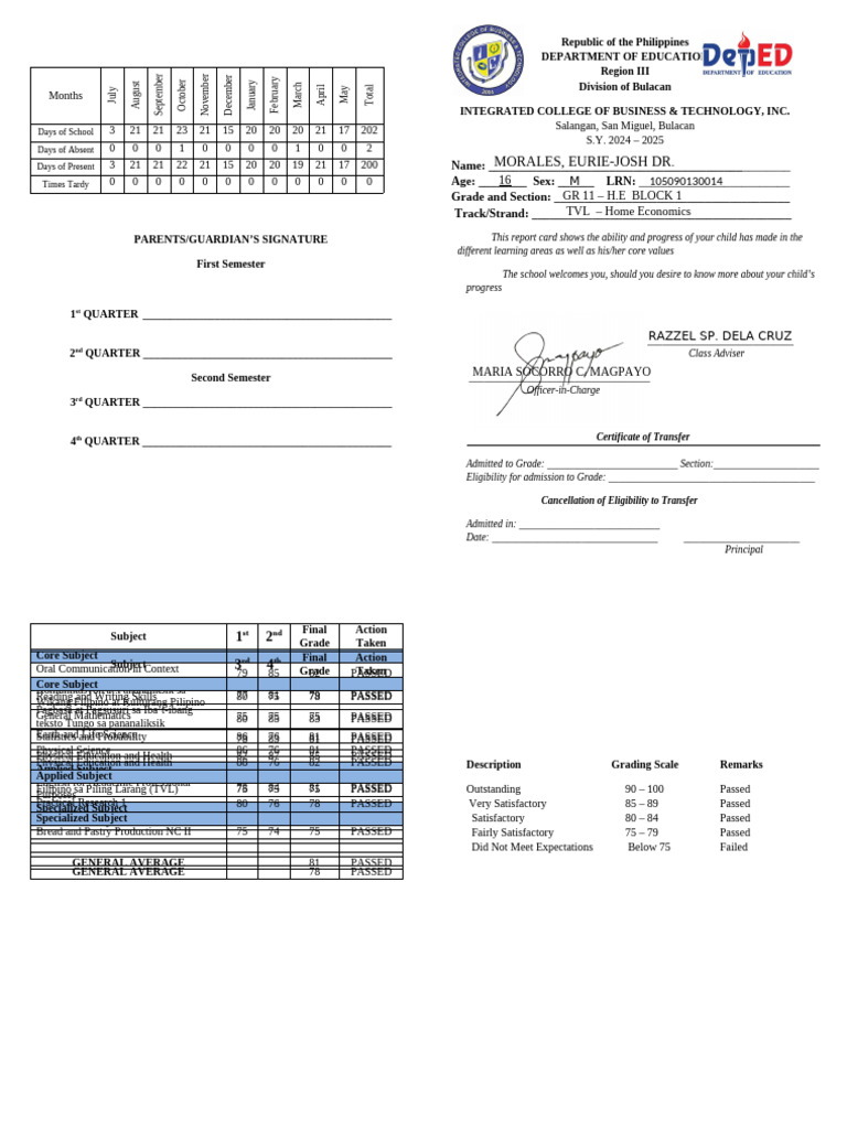 Grade 11 Report Card Summary | PDF