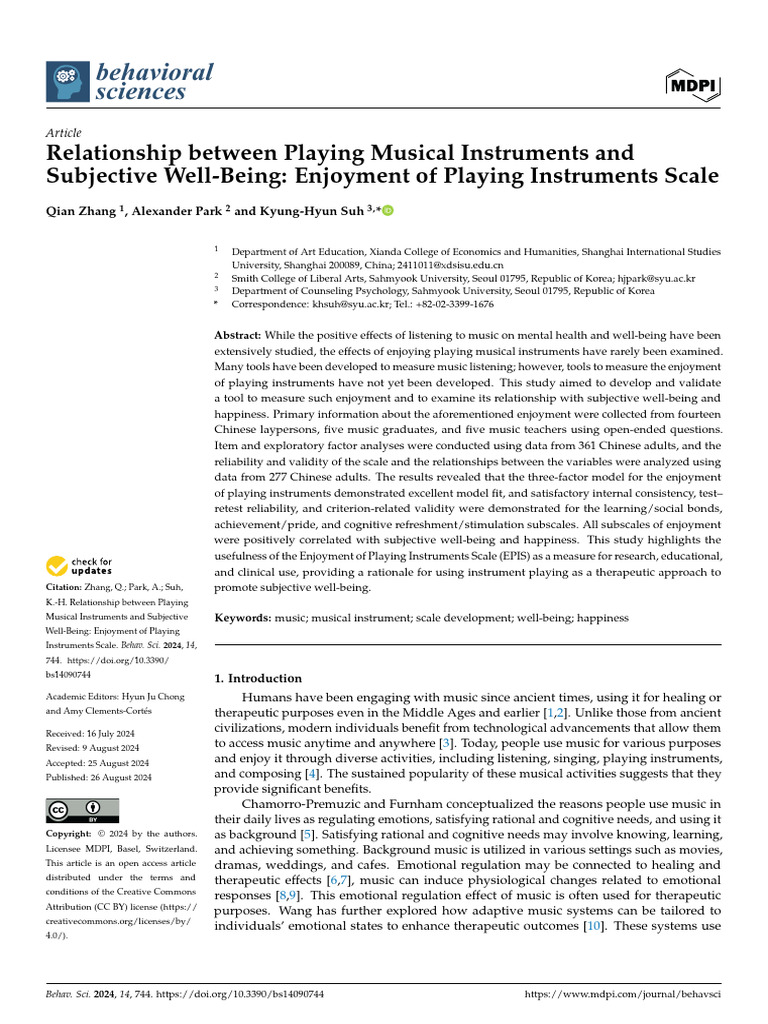 Enjoyment of Playing Instruments and Well-Being | PDF | Well Being ...